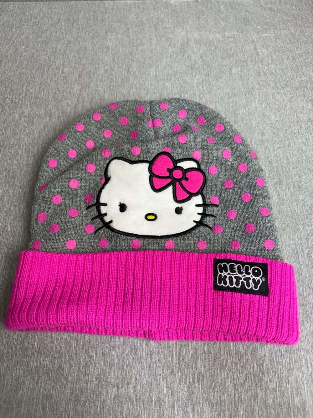 Hello Kitty Sanrio Gray Pink Polka Dot Beanie Hat One Size